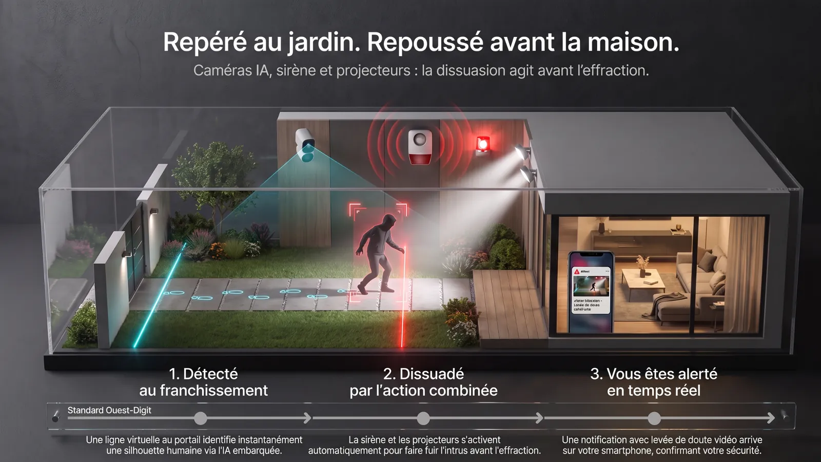 Schéma en trois temps d'une protection périmétrique Ajax : détection de franchissement de ligne au portail, sirène et projecteurs déclenchés dans le jardin, alerte avec vidéo en direct sur le téléphone du propriétaire